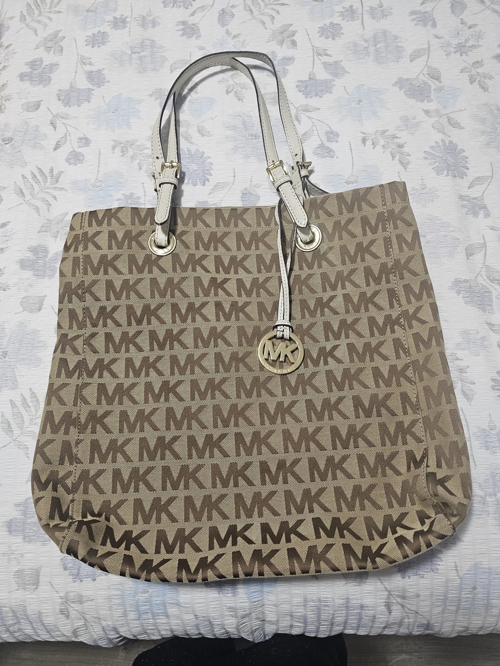 Michael Kors Brown Beige MK Logo Tote with White Handles